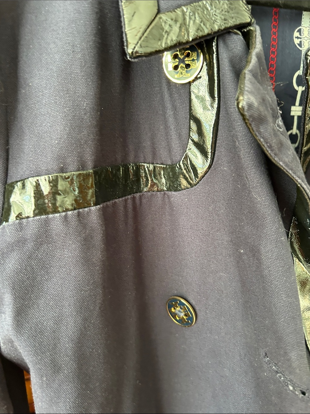 Tory Burch Navy Trench Coat with Black Trim and Multi-Colored Logo Buttons - Picture 4 of 7